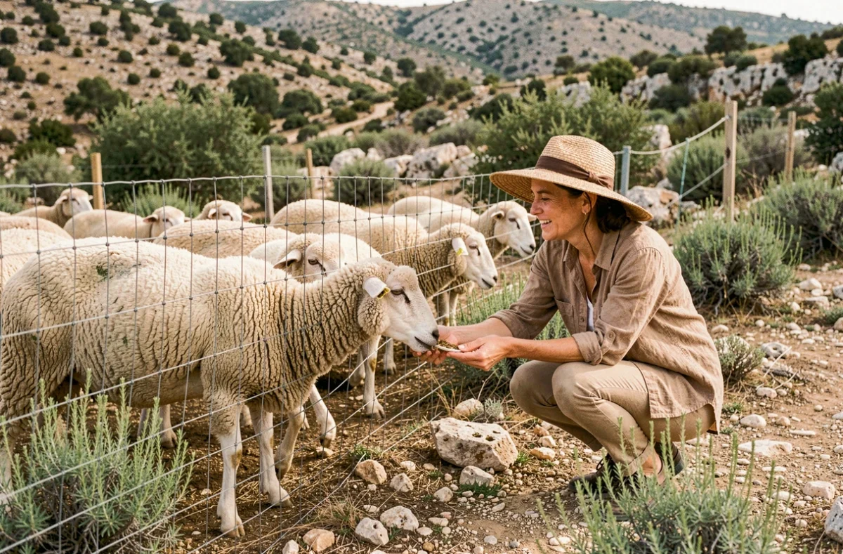 Troupeau de moutons dans l'enclos de la Ferme pédagogique du Collet des Comtes à Marseille avec des visiteurs