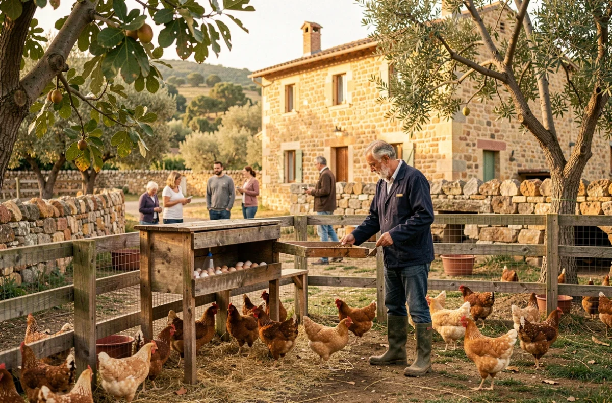 Homme ramassant des œufs dans le poulailler de la Ferme pédagogique du Roy d'Espagne à Marseille