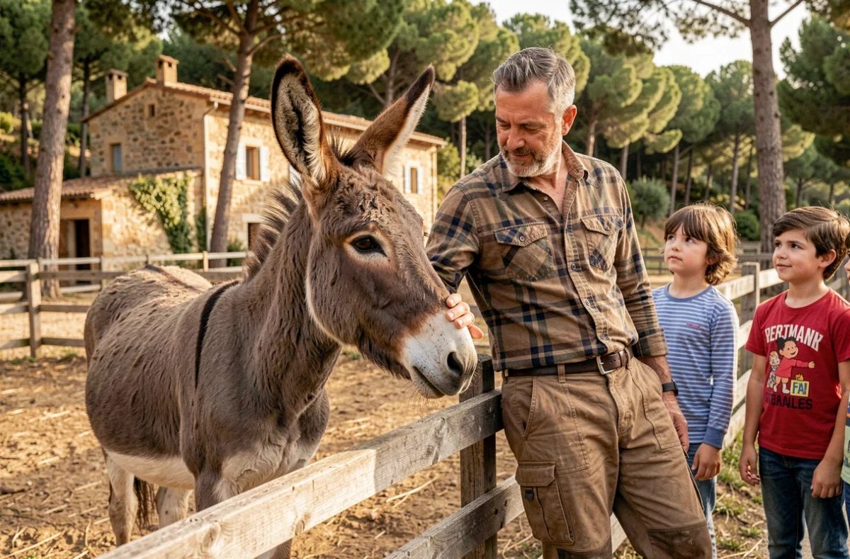 Un âne dans le paddock de la Ferme pédagogique La Tour des Pins à Marseille avec un animateur et des visiteurs