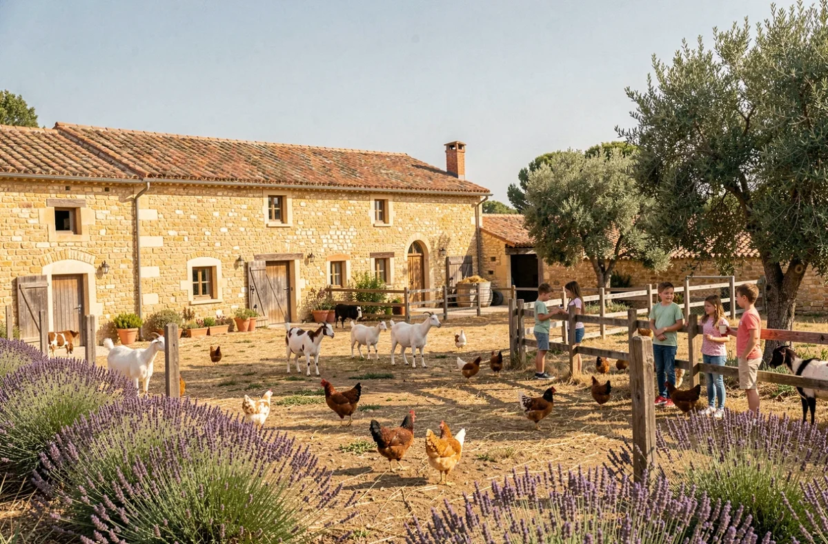 Vue panoramique d'une ferme pédagogique provençale avec des bâtiments en pierre dorée, des animaux en liberté et des visiteurs dans la cour