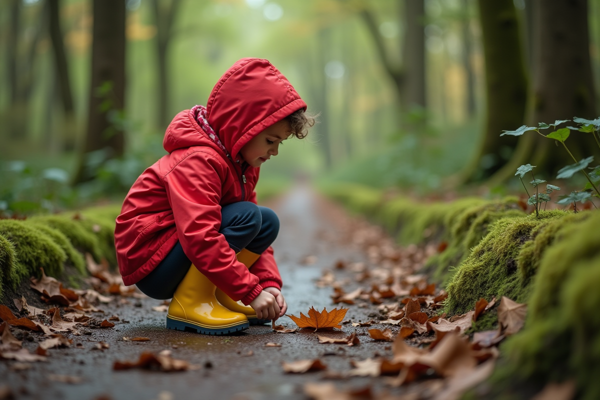 Fille examine une feuille tombée dans la forêt