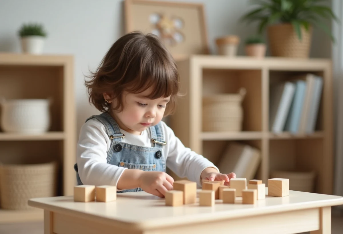 Jeune fille de 3 ans arrangeant des blocs en bois dans une salle Montessori