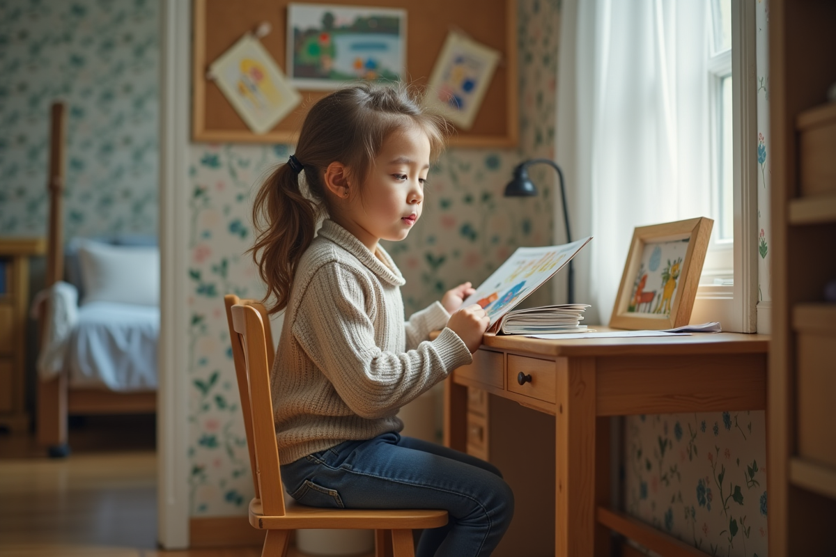 Fille de 7 ans lisant un livre dans sa chambre douce