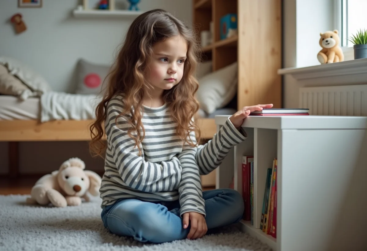 Jeune fille de 7 ans rangeant des livres dans sa chambre
