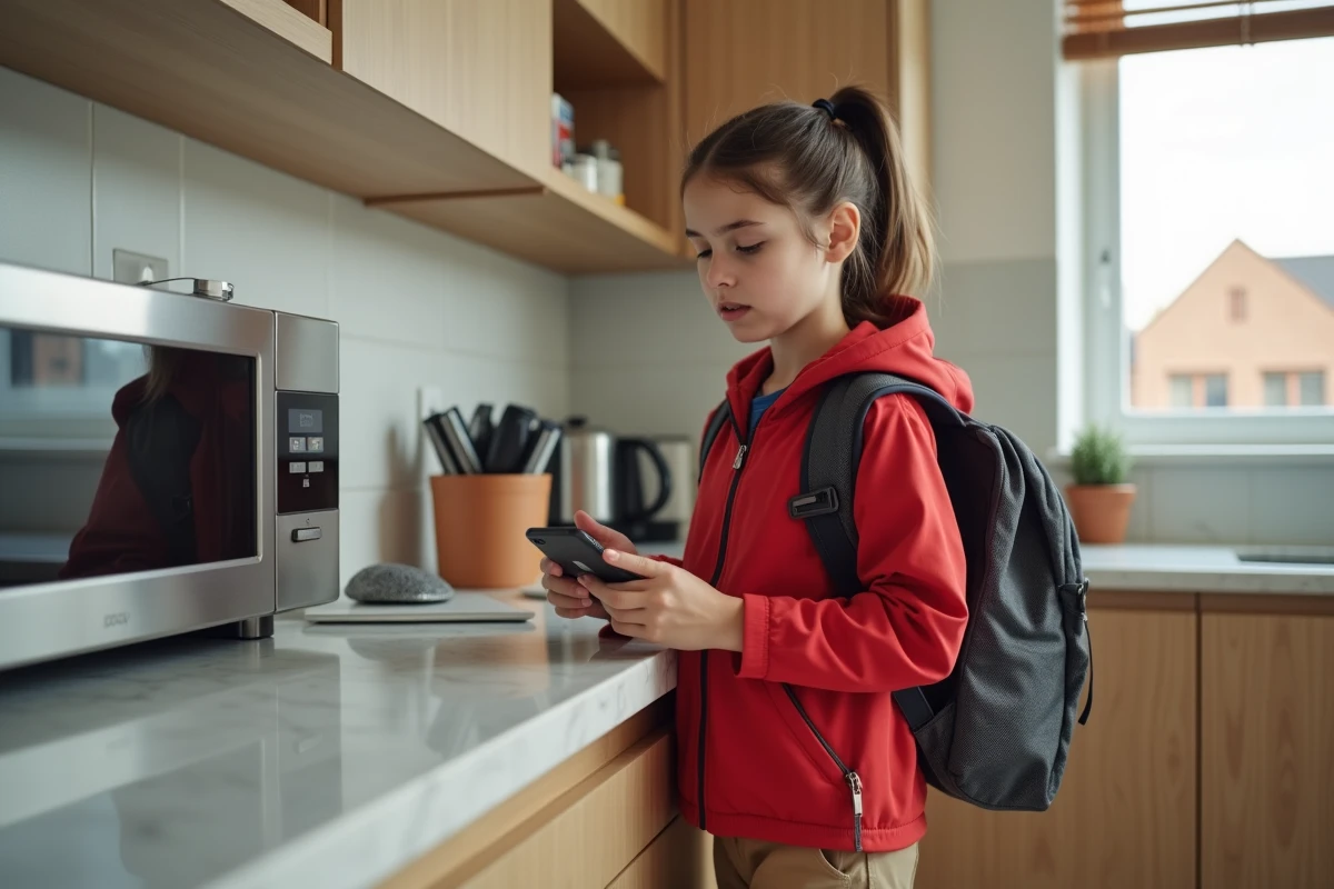 Fille de 12 ans rangeant son GPS dans un sac à la maison