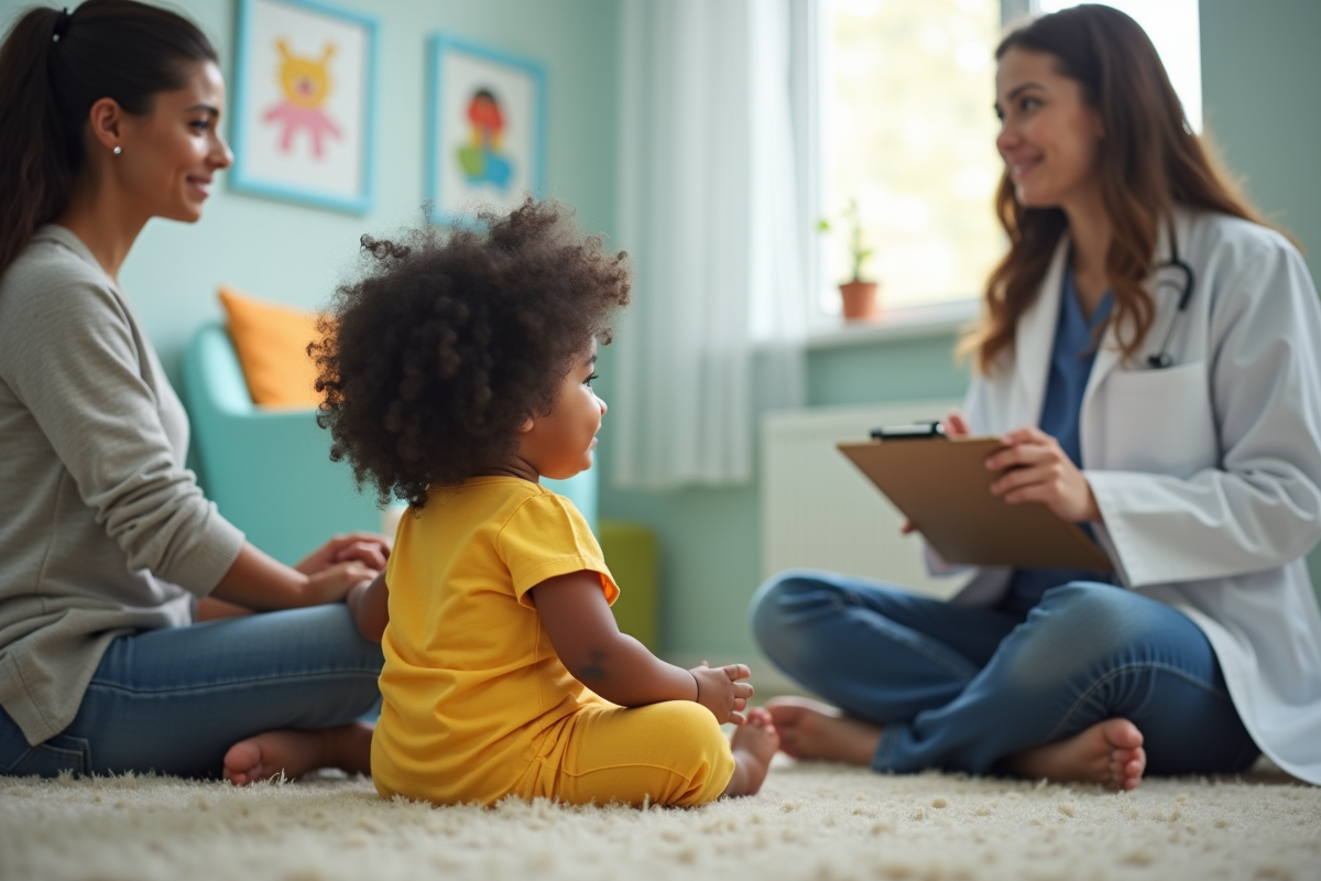 Fille de 18 mois en consultation chez le pédiatre avec sa mère