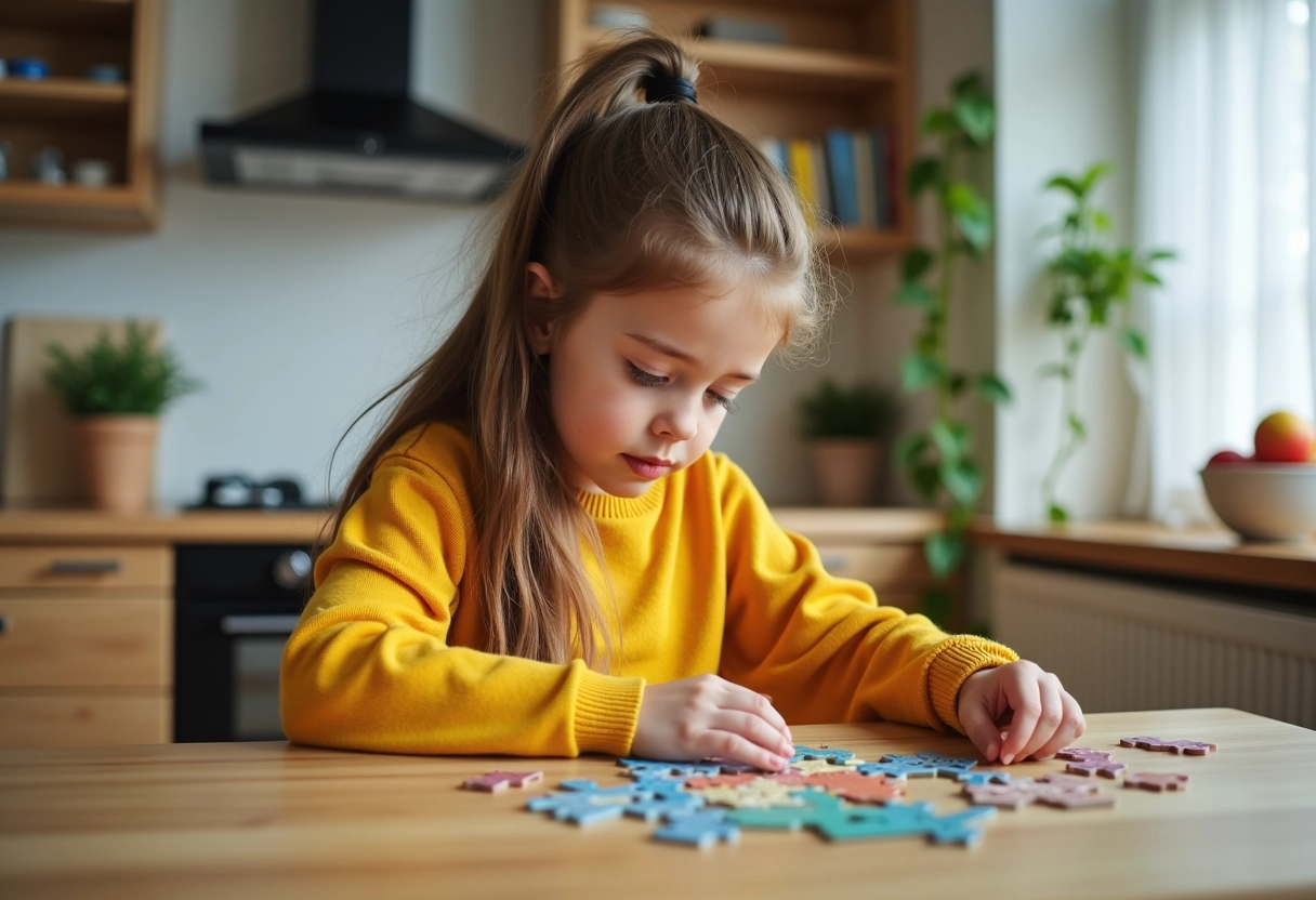 Fille de dix ans résolvant un puzzle dans la cuisine