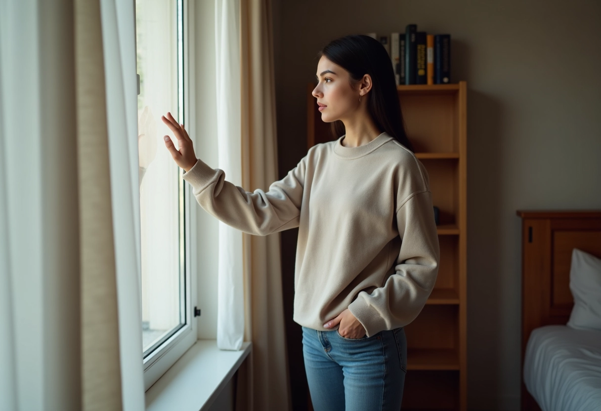 Jeune fille pensant dans sa chambre lumineuse
