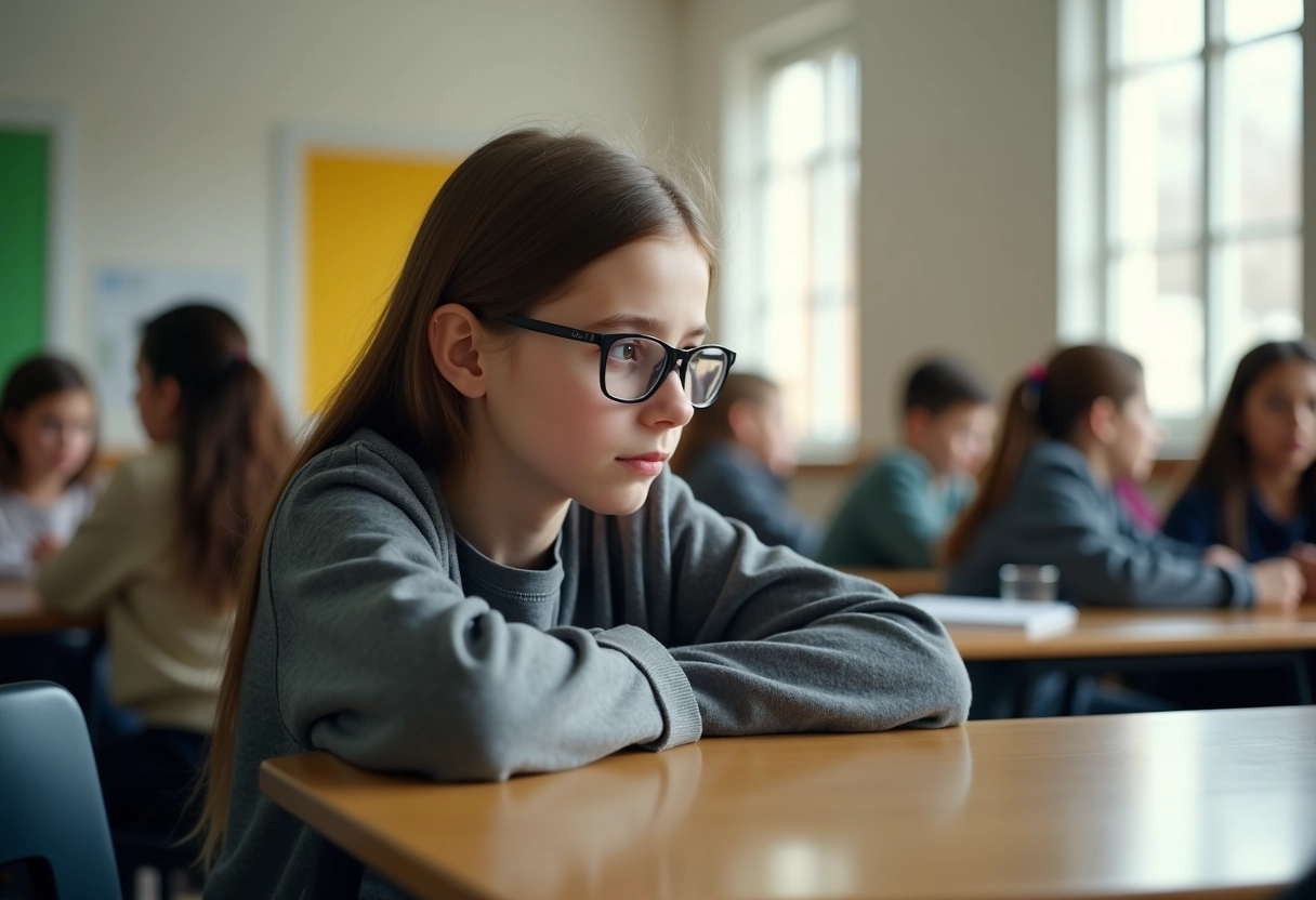 Fille de onze ans triste assise seule à la cantine