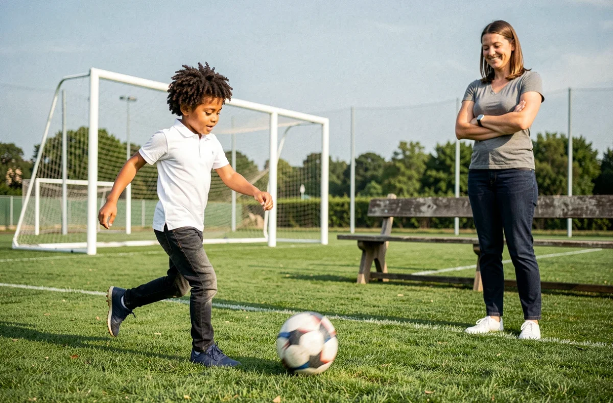 Jeune garçon pratiquant le football sous le regard bienveillant de sa mère sur un terrain d'entraînement, illustrant la famille et l'héritage sportif de Bixente Lizarazu
