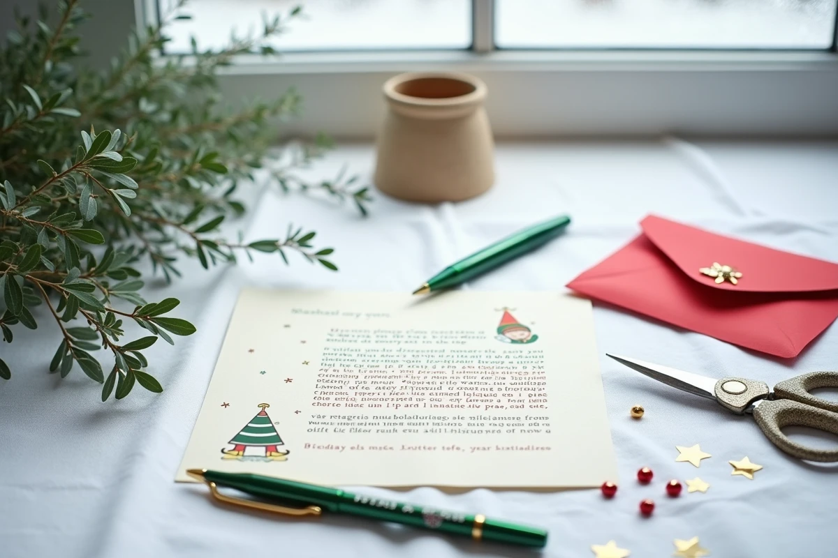 Flat lay d'une lettre de lutin imprimée avec enveloppe rouge et décorations de Noël sur nappe blanche