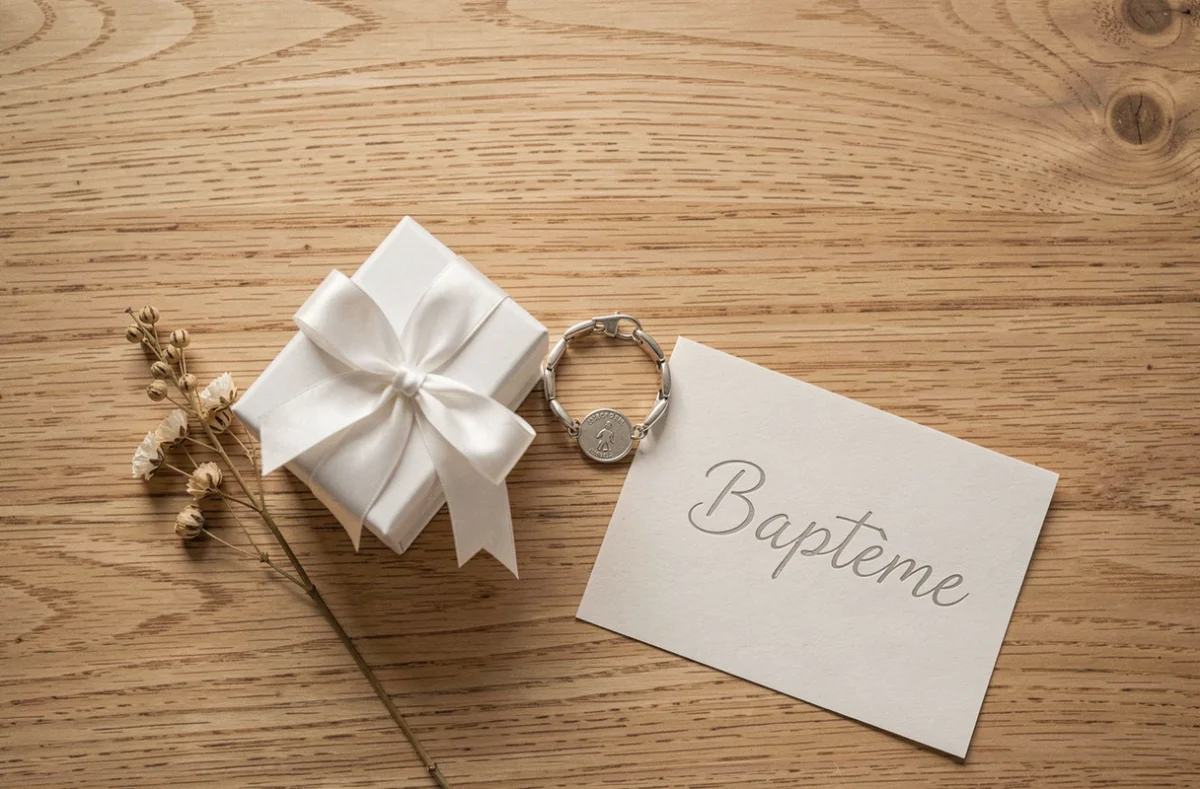 Flatlay cadeau de baptême avec gourmette argent, boîte blanche et carte manuscrite sur bois clair