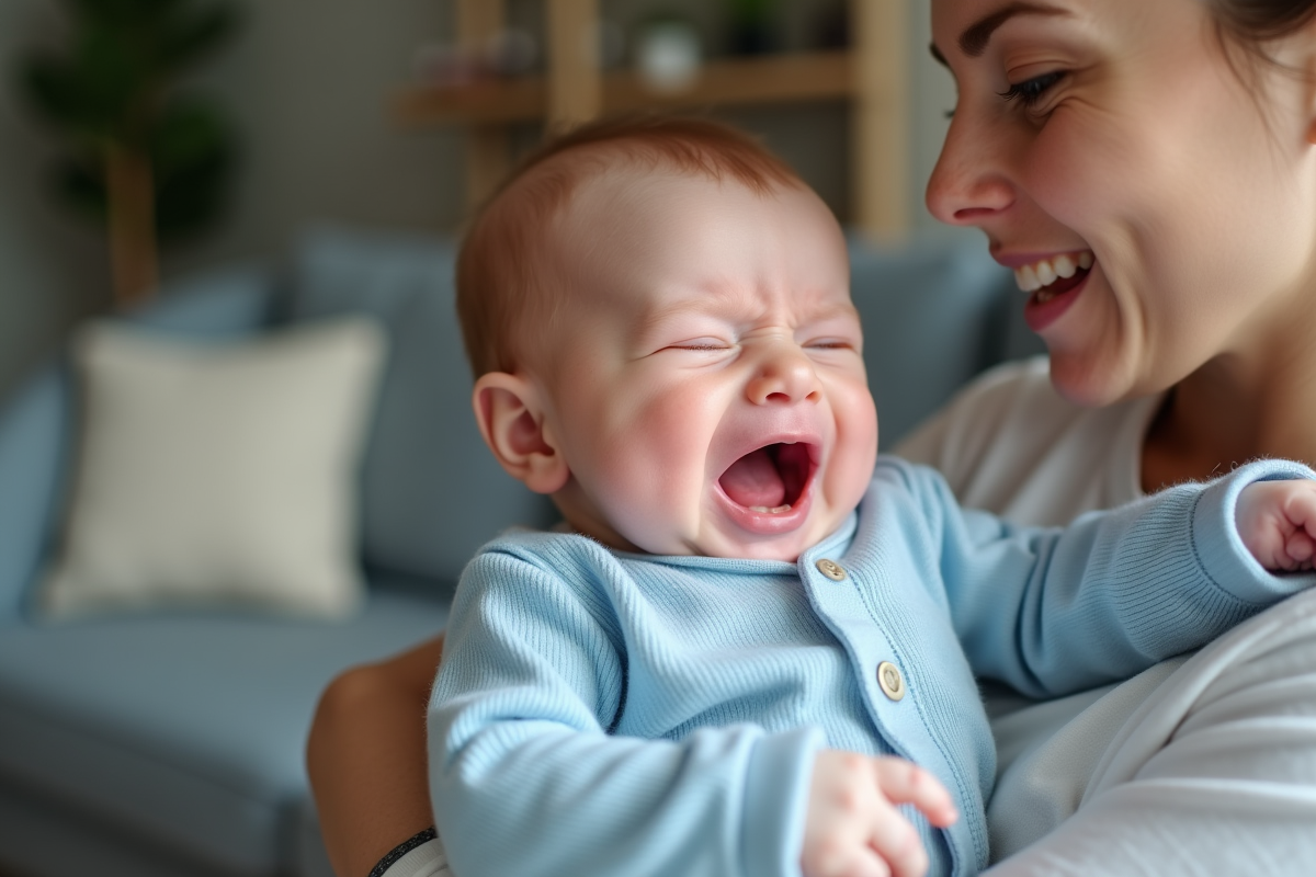 Bebe garcon dans les bras de sa maman dans un salon chaleureux