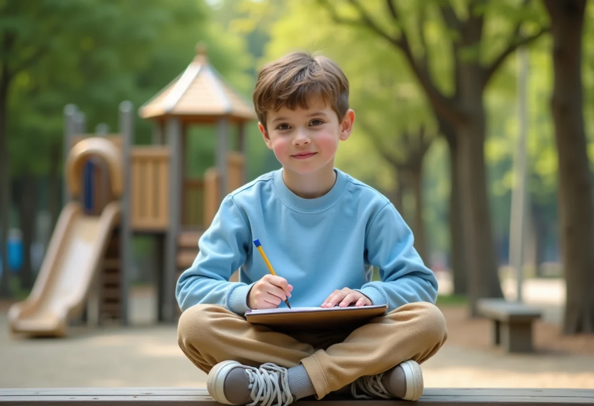 Garçon de sept ans dessinant dans un parc en plein air