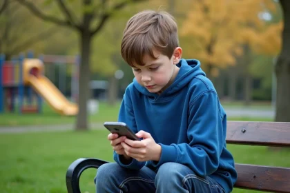Gar&ccedil;on de 10 ans avec smartphone et GPS dans un parc