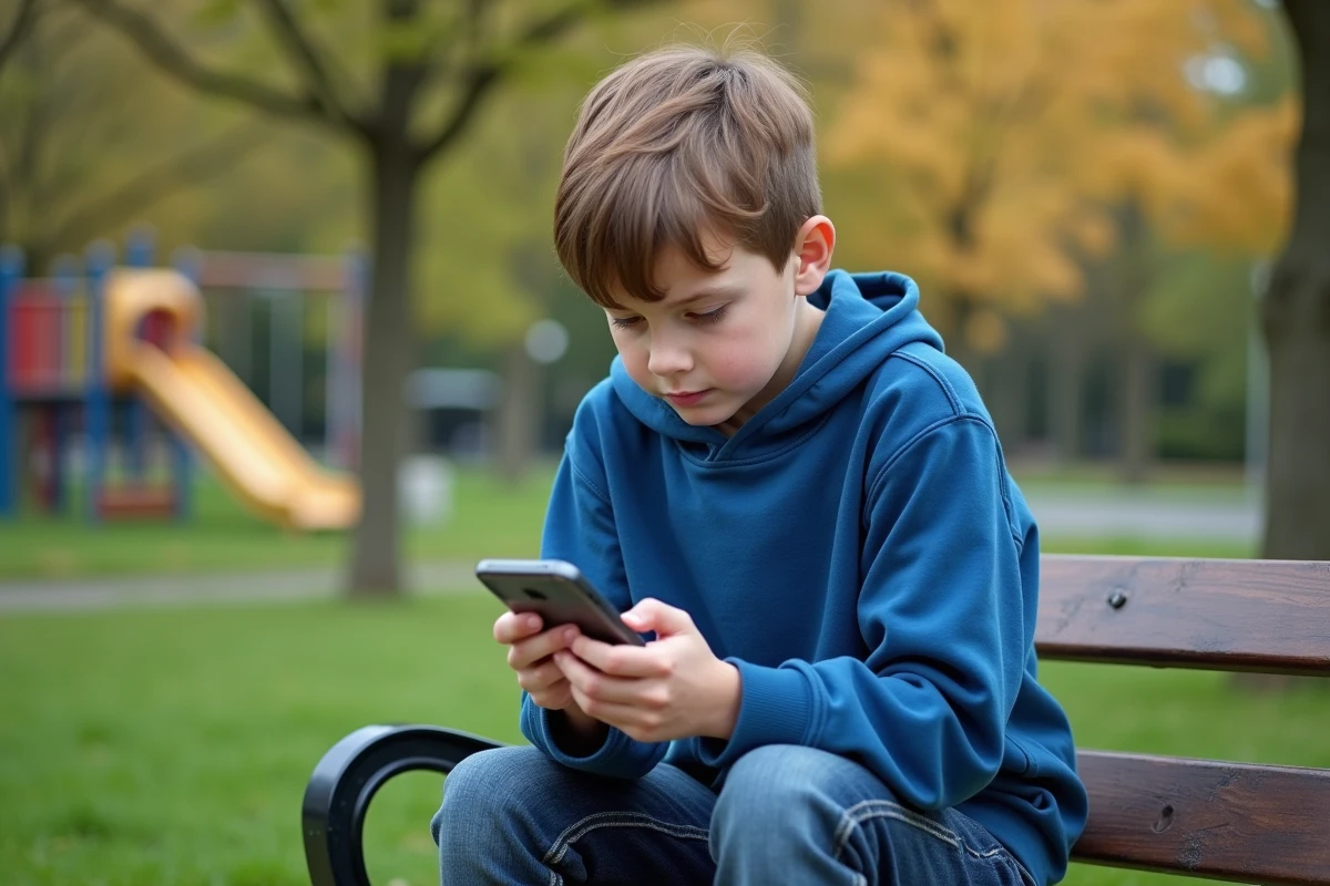 Garçon de 10 ans avec smartphone et GPS dans un parc