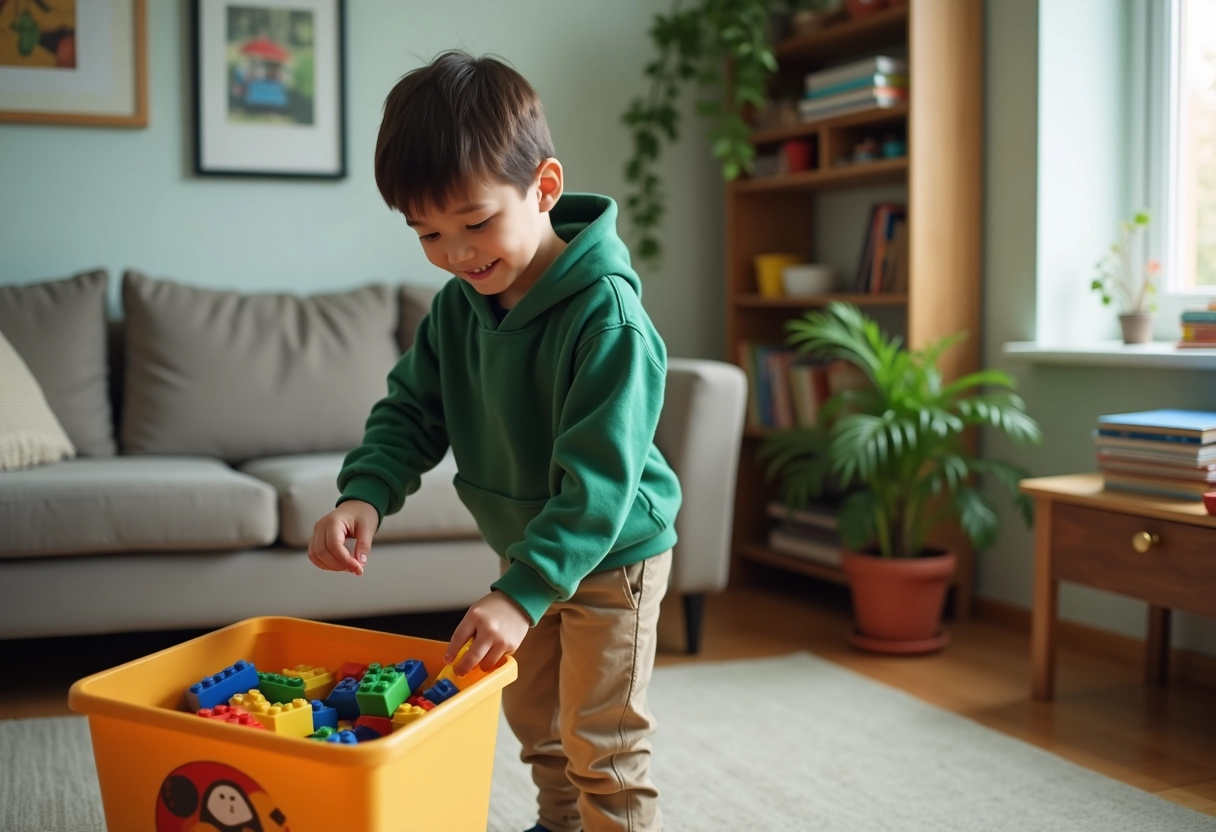 Garçon de 9 ans triant des blocs de construction dans le salon