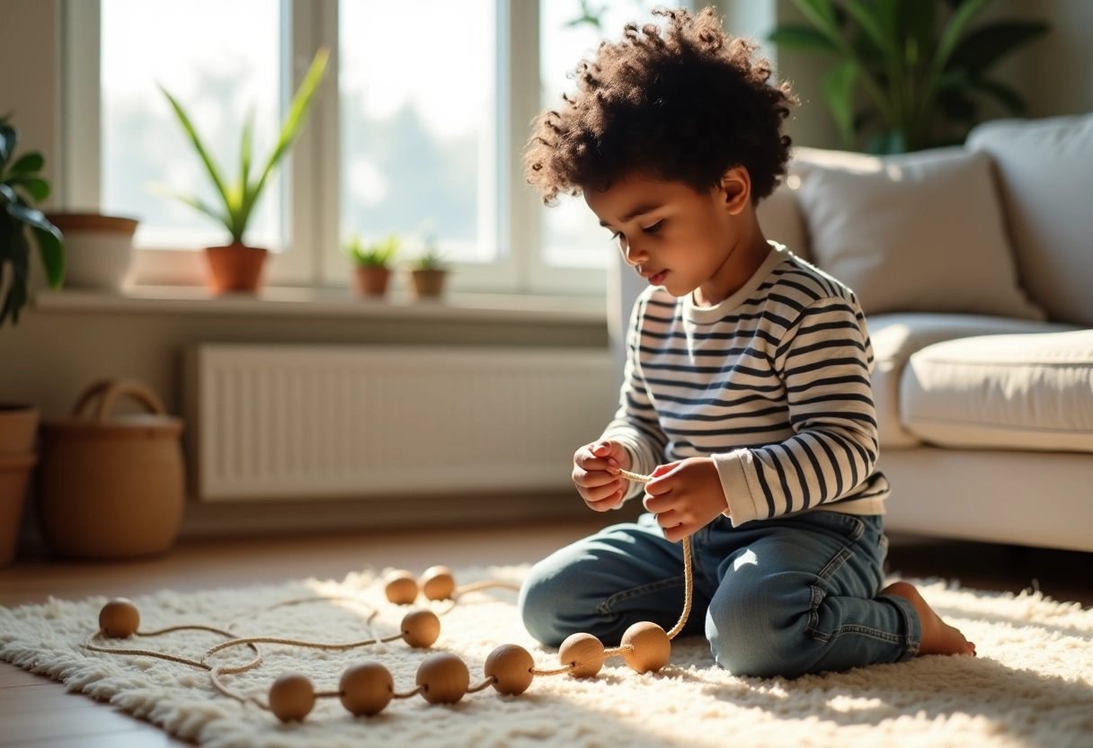 Garçon de 5 ans en train de enfiler des perles en bois dans un salon lumineux