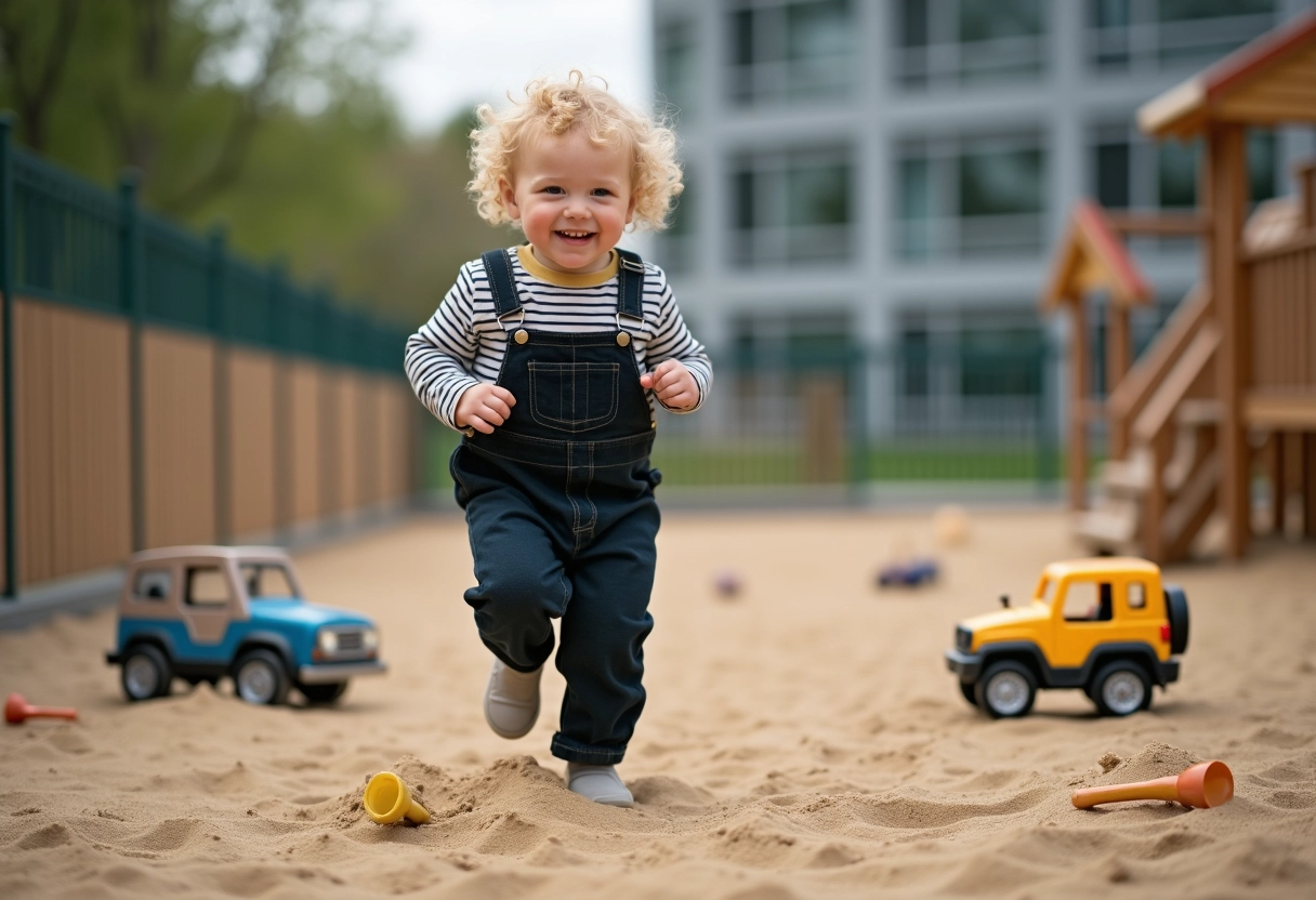 Garçon de deux ans court et rit dans la cour extérieure