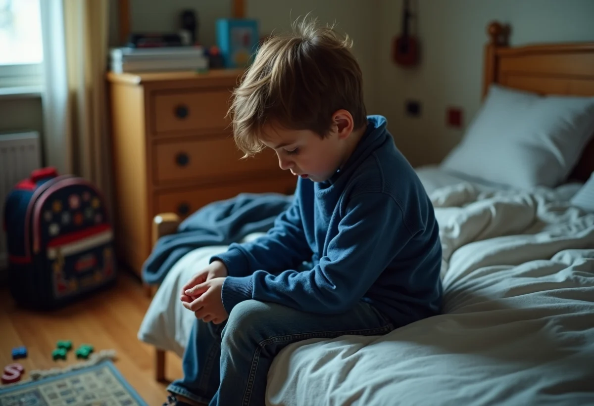 Garçon de neuf ans seul dans sa chambre en réflexion