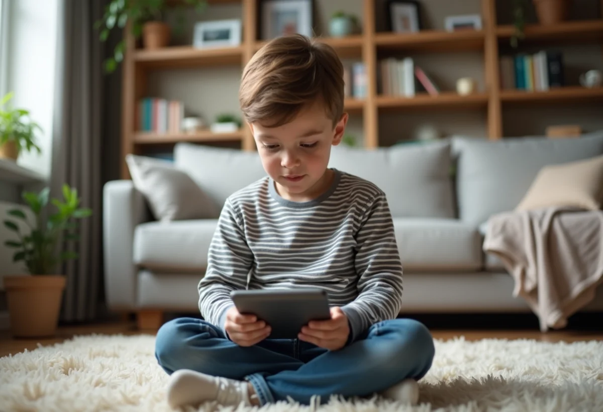 Garçon d'école assis sur un tapis avec une tablette dans un salon