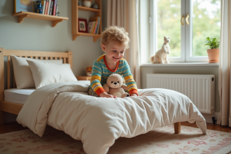 Garçon de 5 ans arrangeant ses peluches dans sa chambre colorée