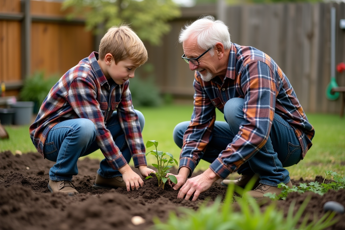Grand-pere enseignant à son petit-fils à planter en jardin
