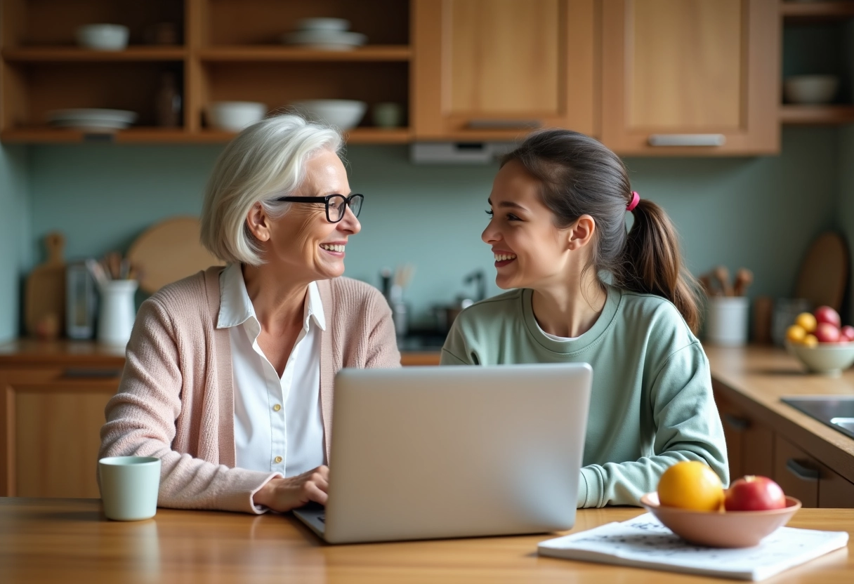 Grand-mère et petite fille discutant avec un ordinateur dans la cuisine