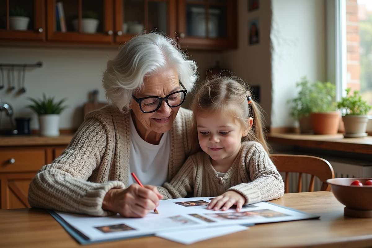 Grand-mere aux cheveux gris partage un album avec sa petite fille