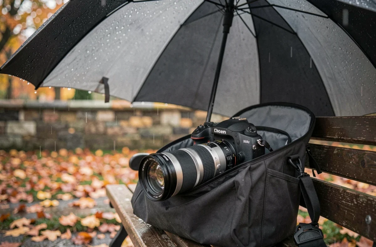 Gros plan d'un appareil photo reflex avec objectif dans un sac photo protégé par un grand parapluie de golf sous la pluie dans un parc