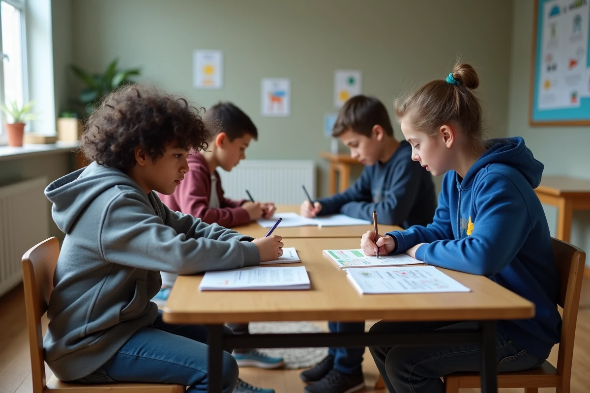 Groupe d'adolescents en activité pédagogique dans une école spécialisée pour les troubles du comportement