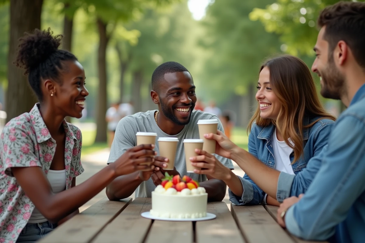 Groupe d'amis célébrant un anniversaire autour d'une table de pique-nique dans un parc urbain