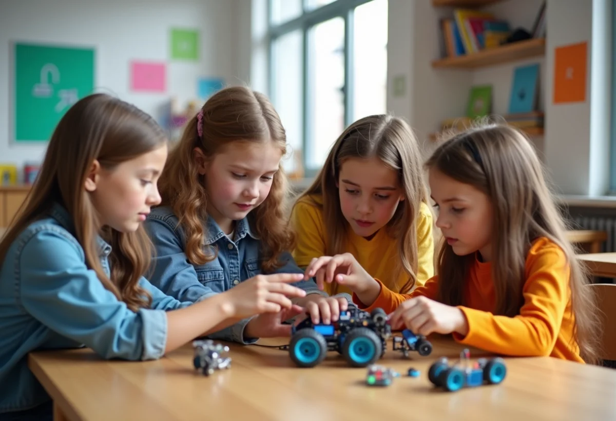 Enfants en groupe autour d un projet de robotique en classe