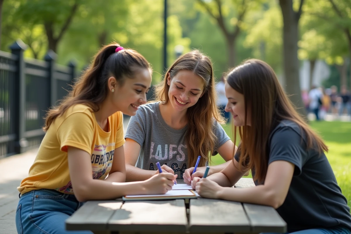 Groupe de jeunes adultes rédigeant des textes d'anniversaire stylés dans un carnet décoré dans un parc urbain