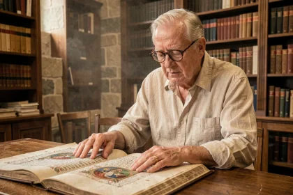 Historien âgé examinant un manuscrit médiéval enluminé dans une salle d'archives universitaire, illustration de l'étymologie chrétienne du prénom Baptiste