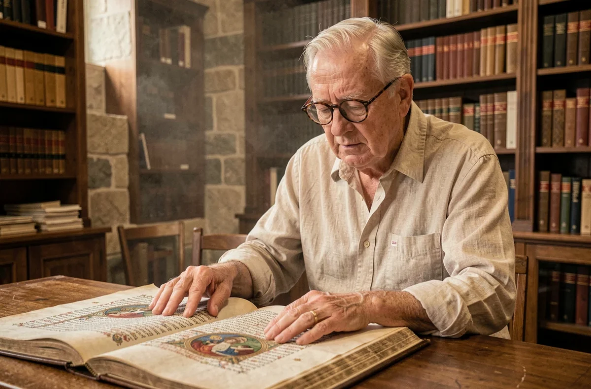 Historien âgé examinant un manuscrit médiéval enluminé dans une salle d'archives universitaire, illustration de l'étymologie chrétienne du prénom Baptiste