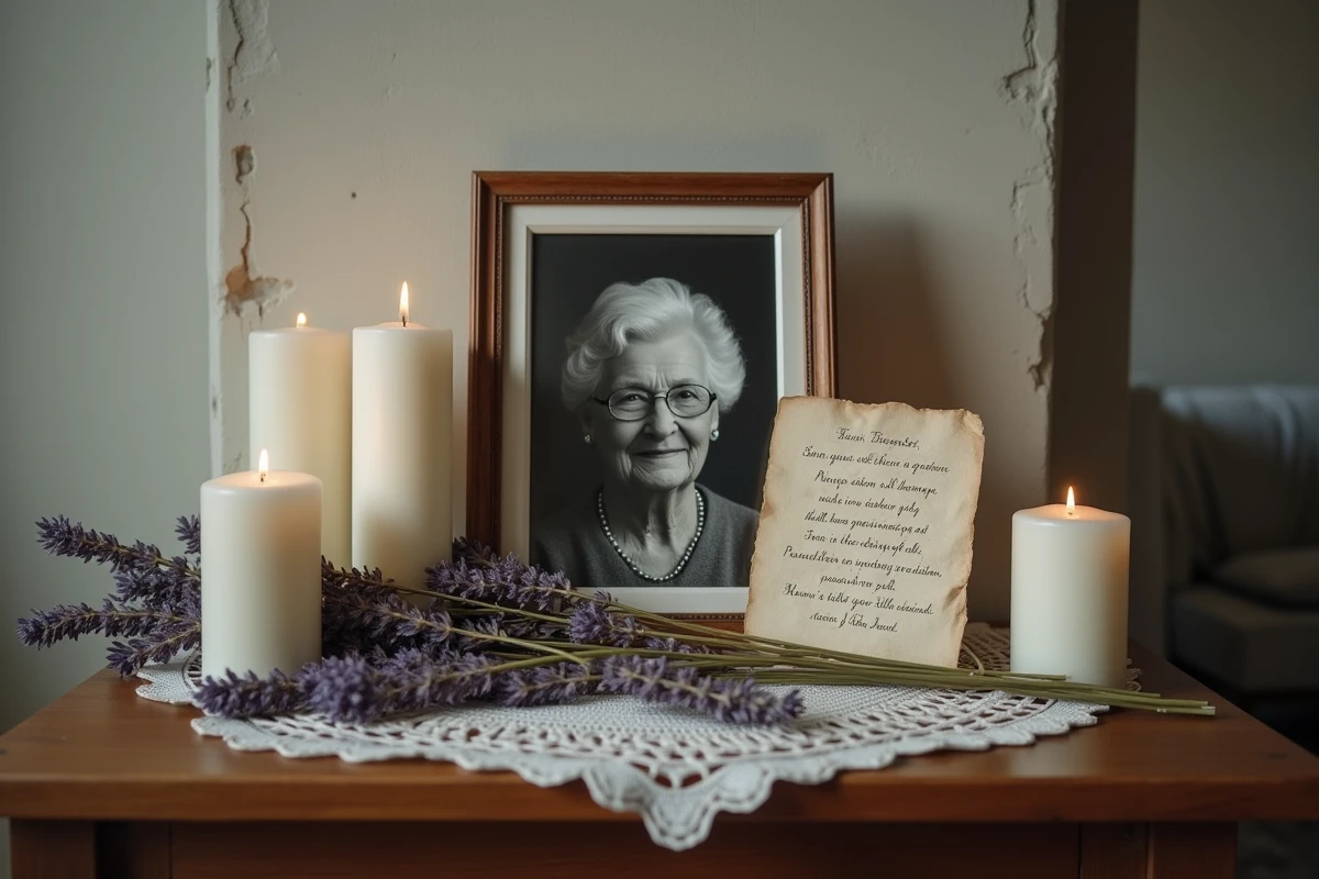 Hommage funèbre sur un manteau de cheminée avec portrait de mère, bougies blanches et poème manuscrit pour un dernier adieu