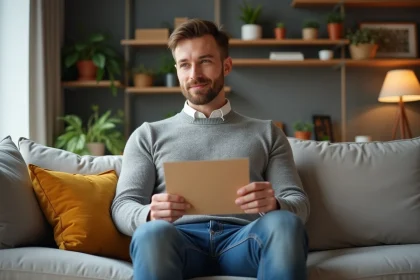 Homme de 40 ans tenant une carte d'anniversaire dans un salon moderne