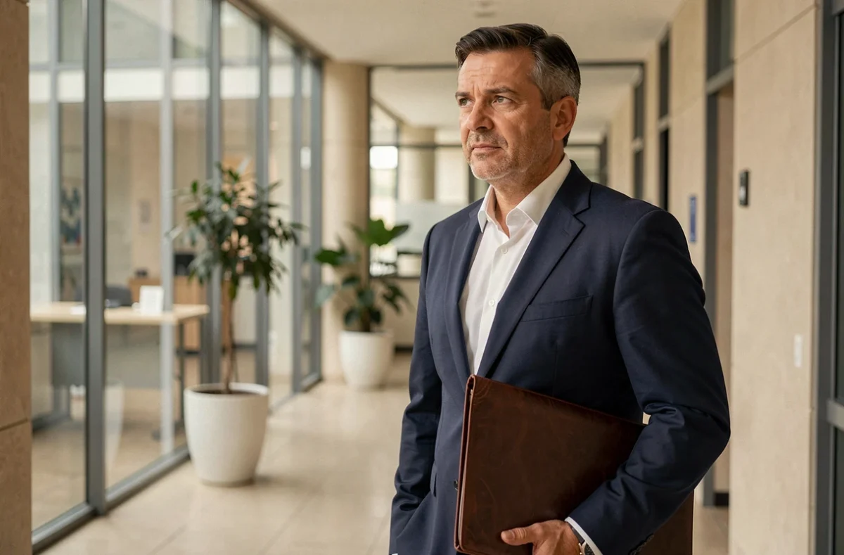 Homme en costume dans un couloir administratif français, illustration de personnalité publique et vie politique