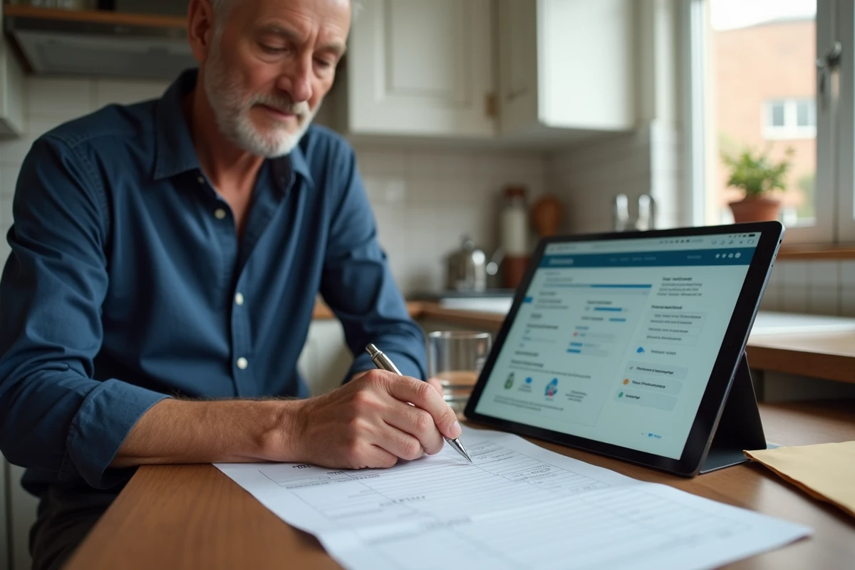 Homme remplissant un dossier de tutelle papier avec une tablette affichant Mon Proxima posée à côté
