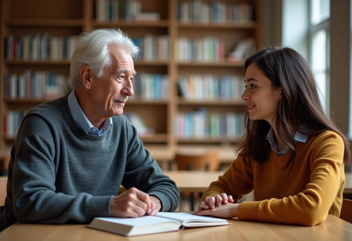 Homme et étudiante discutant dans une bibliothèque universitaire