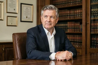 Portrait d'un homme d'affaires senior en costume sombre dans un bureau institutionnel européen, illustrant la vie privée et l'image publique d'un dirigeant politique