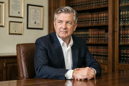 Portrait d'un homme d'affaires senior en costume sombre dans un bureau institutionnel européen, illustrant la vie privée et l'image publique d'un dirigeant politique