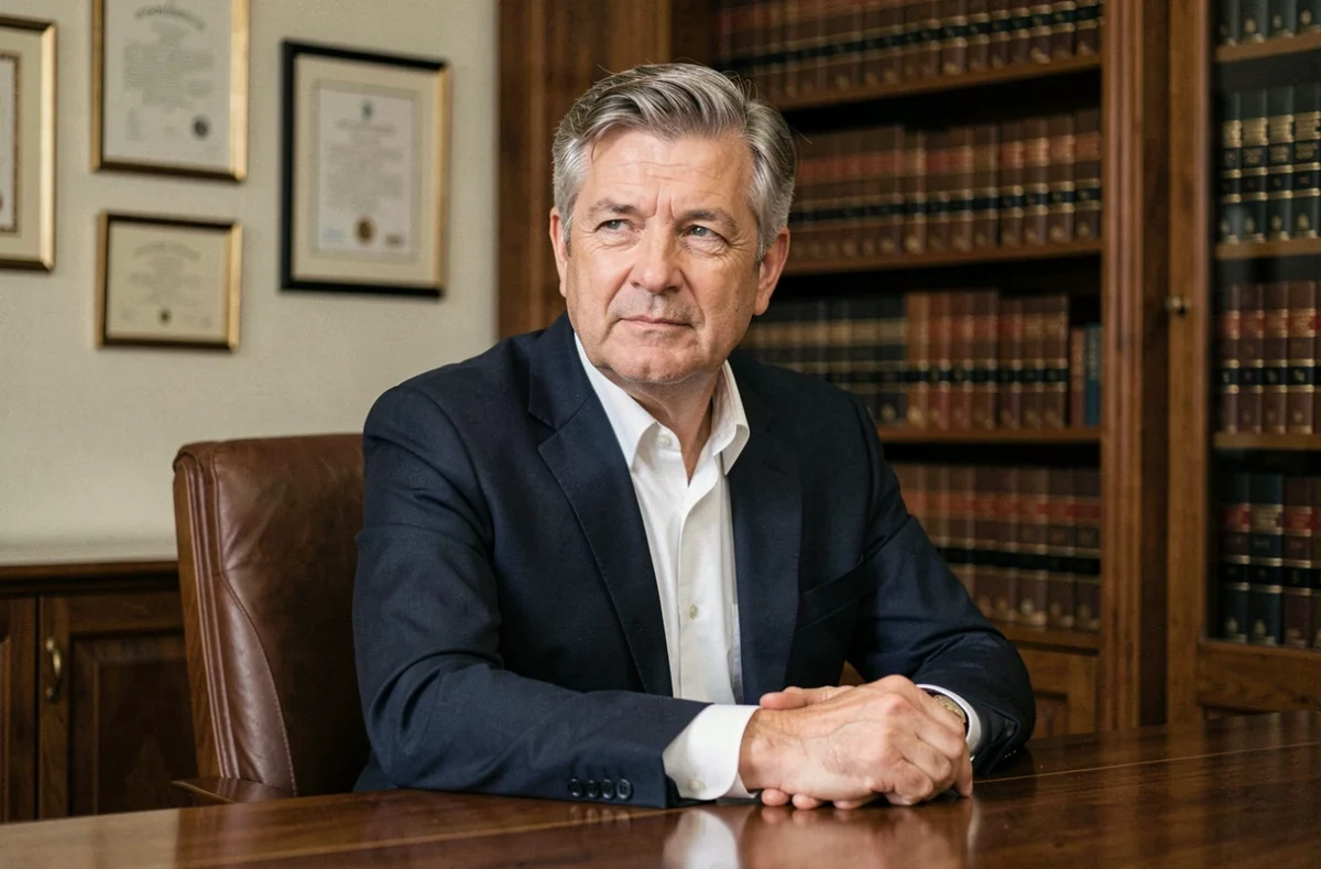 Portrait d'un homme d'affaires senior en costume sombre dans un bureau institutionnel européen, illustrant la vie privée et l'image publique d'un dirigeant politique