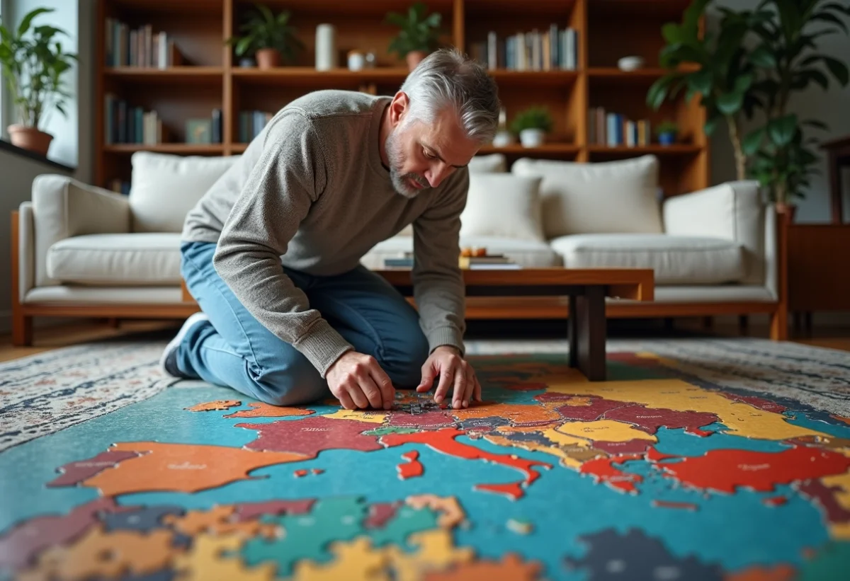 Homme d'âge moyen posant une pièce de puzzle dans un grand puzzle