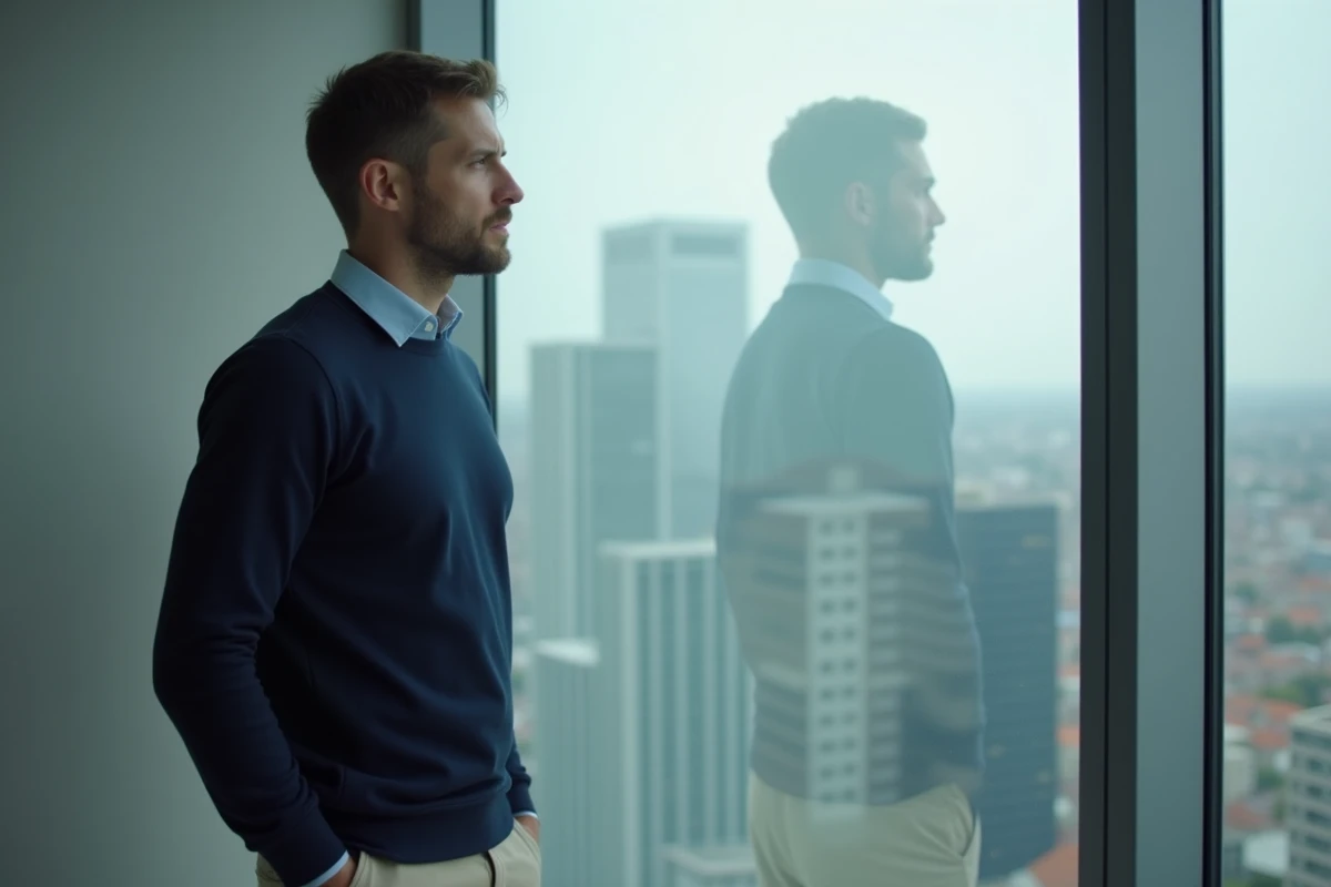Homme regardant par une grande fen&ecirc;tre dans un appartement moderne