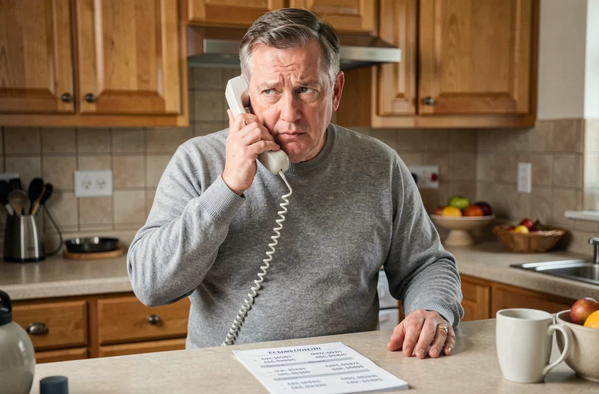 Homme au téléphone fixe cherchant le numéro d'une assistante sociale dans sa cuisine