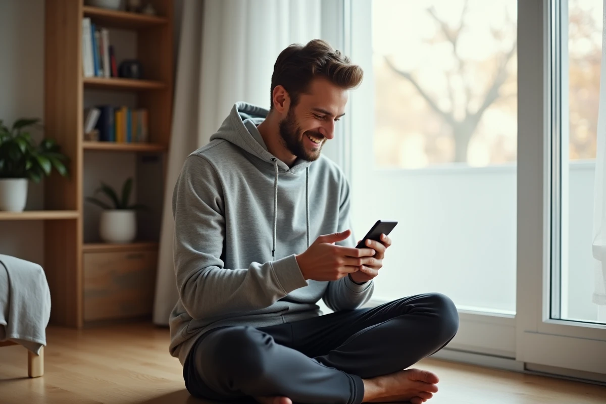 Jeune homme souriant en train d'écrire un message d'anniversaire sur son smartphone chez lui