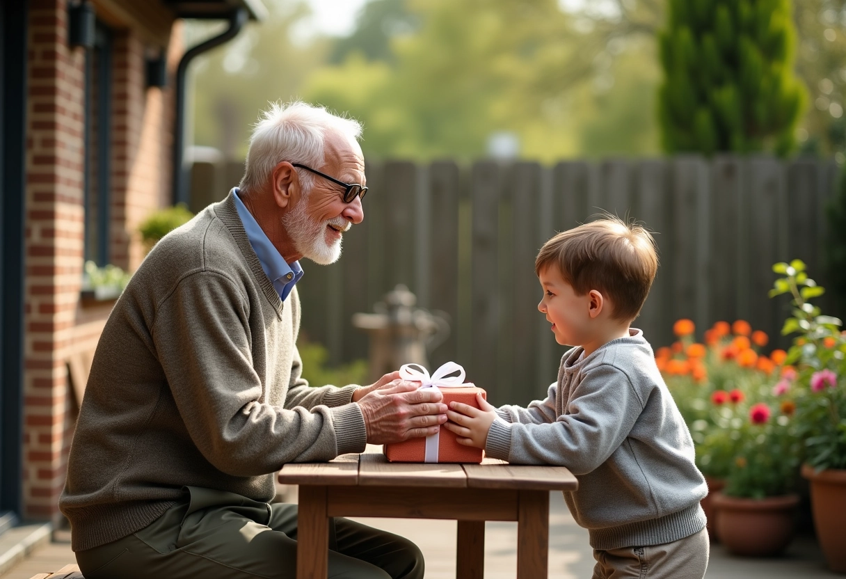 Homme âgé recevant un cadeau dans un jardin ensoleille