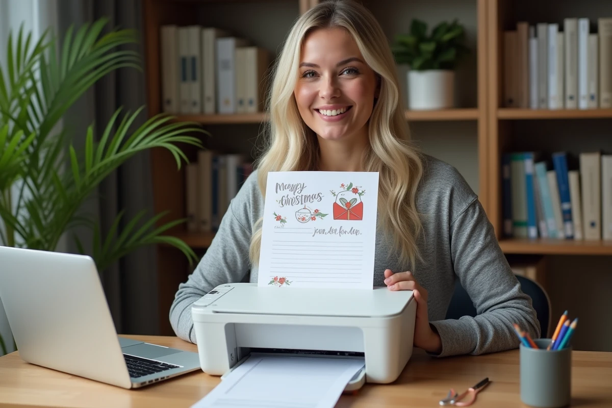Femme imprimant une lettre au Père Noël sans publicité sur une imprimante à domicile dans un bureau